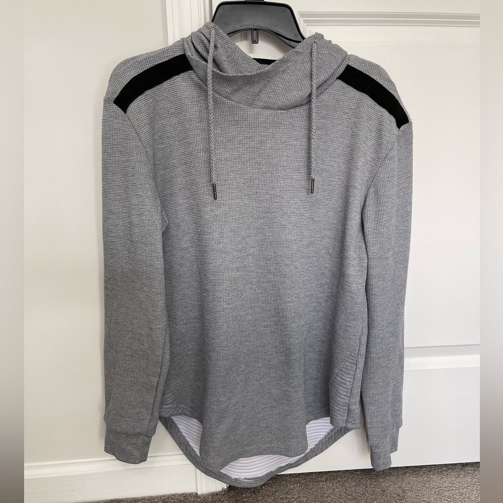 Men's Grey Hooded Knit Sweater with Black Shoulder Accents